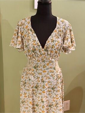 Max Studio Cream Floral Maxi Dress with Yellow & Green Print